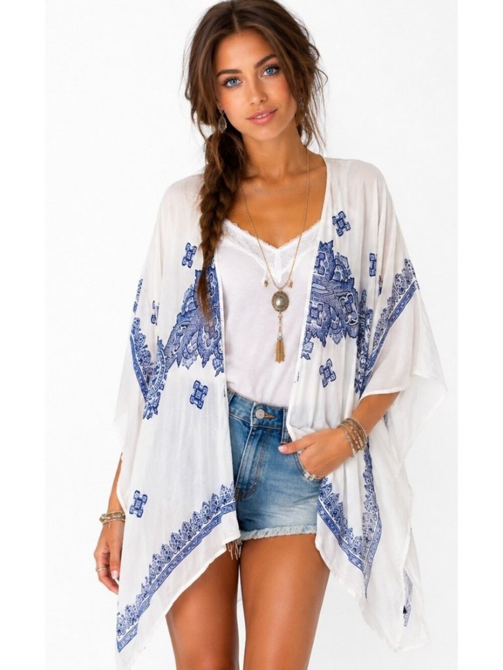 J For Justify White Blue Medallion Kimono Boho Festival Beach Cover Up OS - Picture 2 of 7